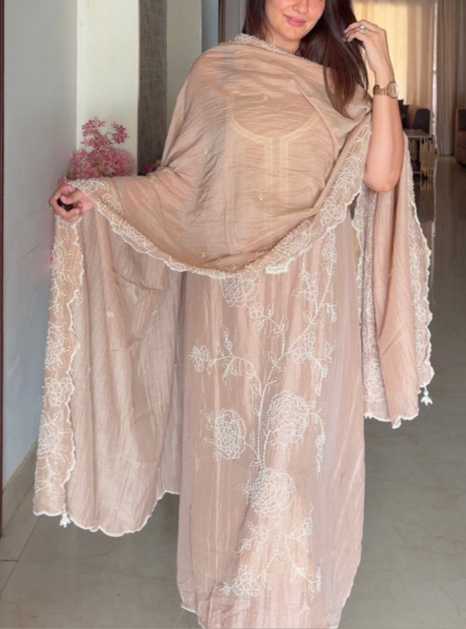 Beautiful Mul Chanderi Unstitched suit with Handwork detailing of Pearls
