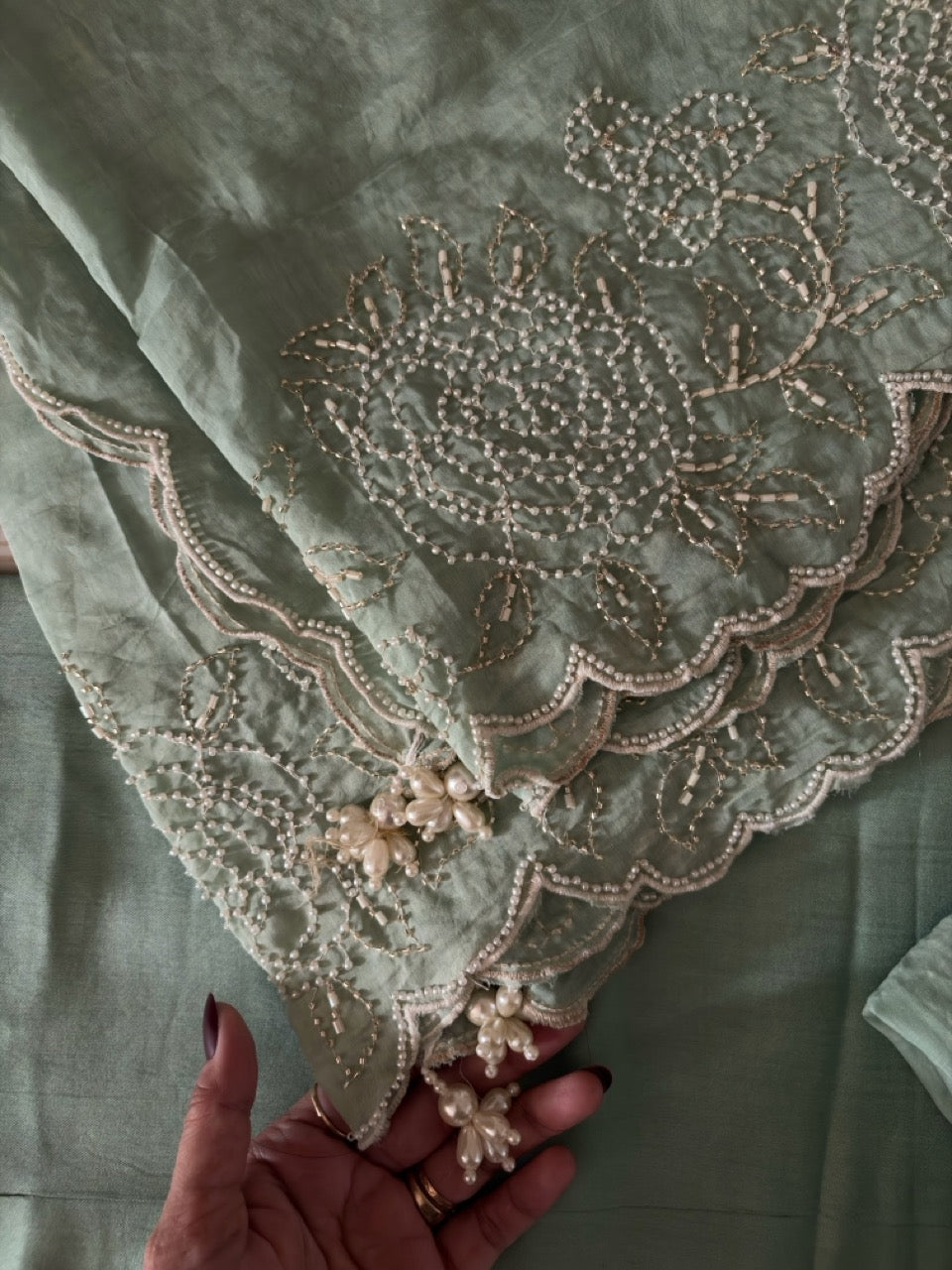 Beautiful Mul Chanderi Unstitched suit with Handwork detailing of Pearls