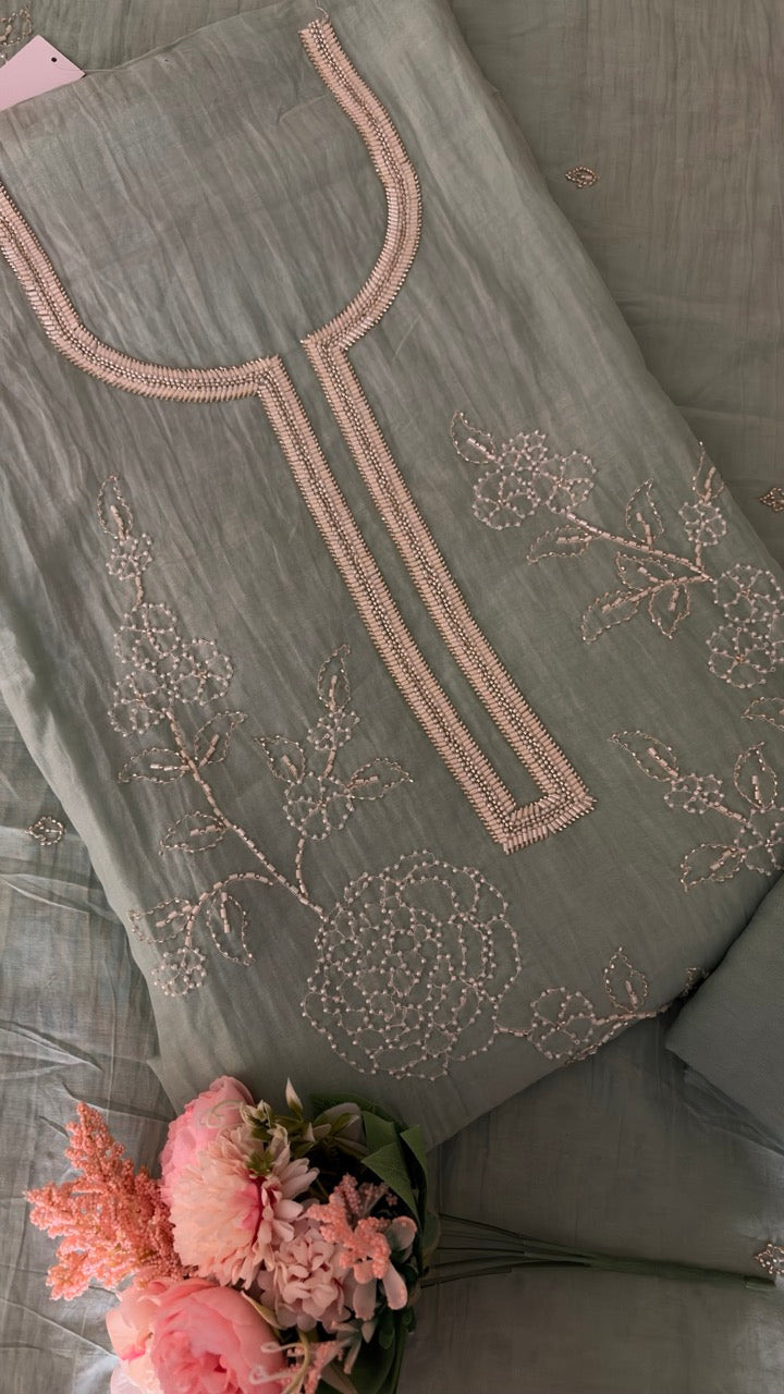 Beautiful Mul Chanderi Unstitched suit with Handwork detailing of Pearls