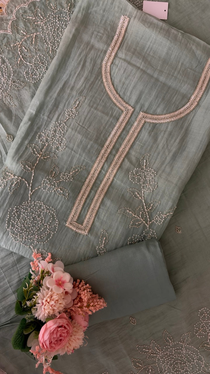 Beautiful Mul Chanderi Unstitched suit with Handwork detailing of Pearls