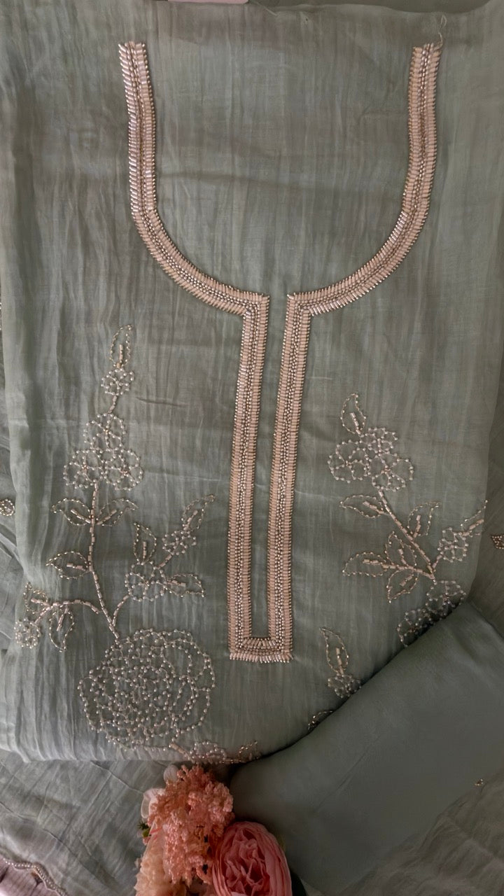 Beautiful Mul Chanderi Unstitched suit with Handwork detailing of Pearls