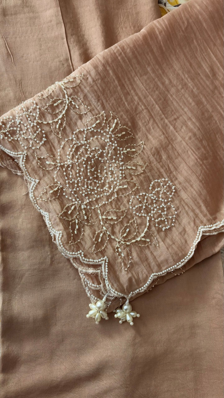 Beautiful Mul Chanderi Unstitched suit with Handwork detailing of Pearls