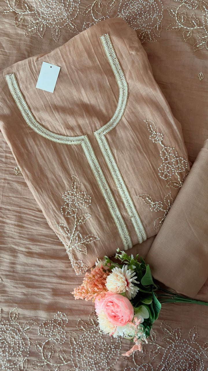Beautiful Mul Chanderi Unstitched suit with Handwork detailing of Pearls