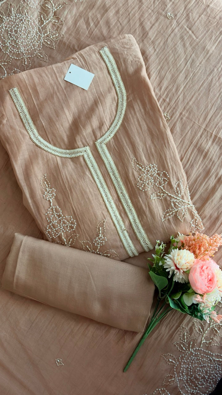 Beautiful Mul Chanderi Unstitched suit with Handwork detailing of Pearls