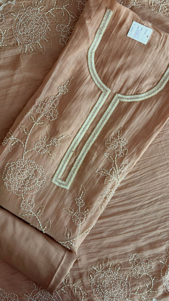 Beautiful Mul Chanderi Unstitched suit with Handwork detailing of Pearls