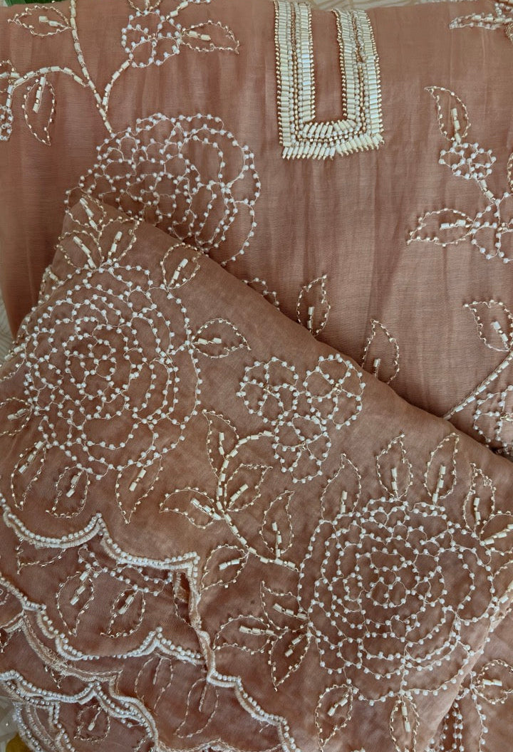 Beautiful Mul Chanderi Unstitched suit with Handwork detailing of Pearls