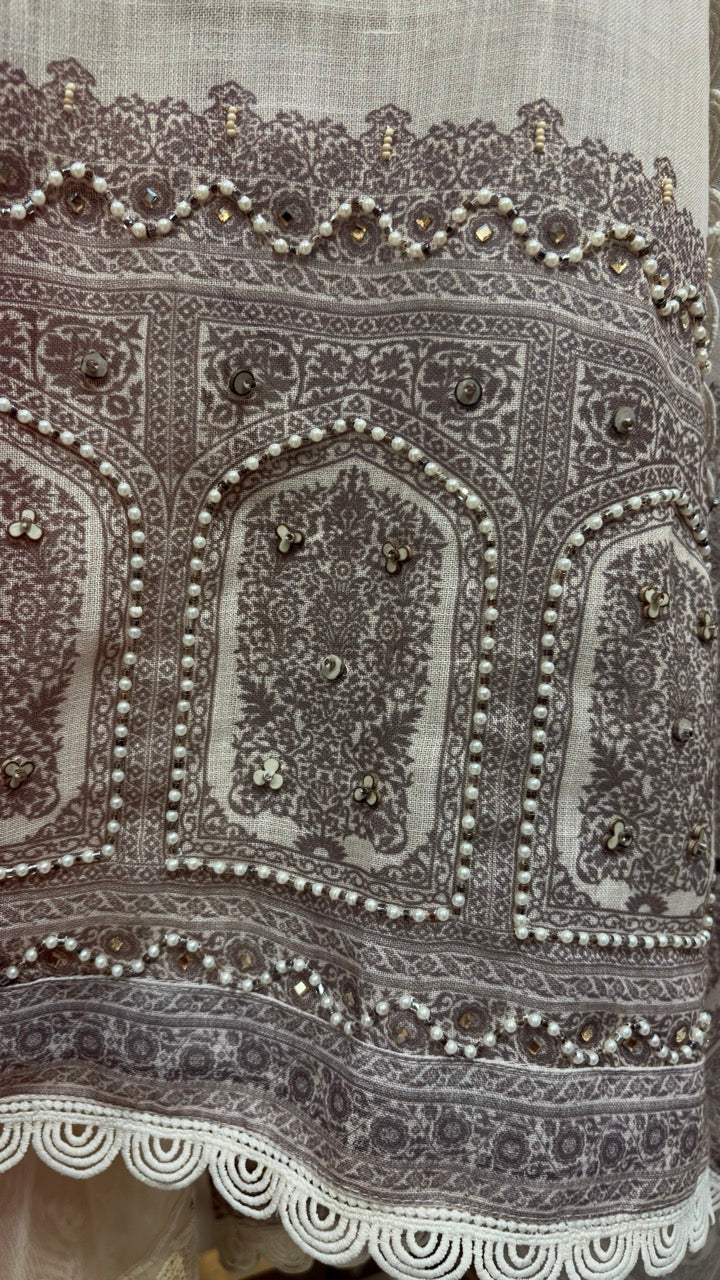 Pure Cotton Linen Unstitched suit with beautiful Handwork detailing on the shirt and Duppatta