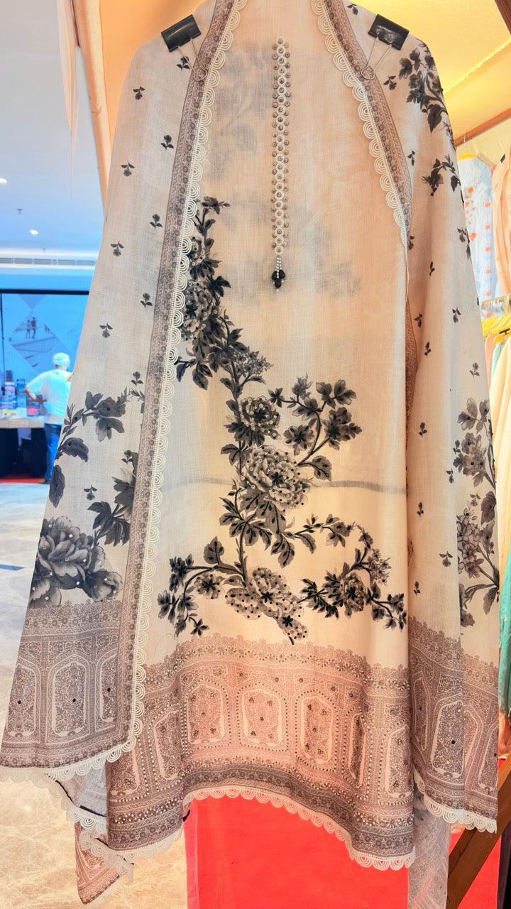 Pure Cotton Linen Unstitched suit with beautiful Handwork detailing on the shirt and Duppatta