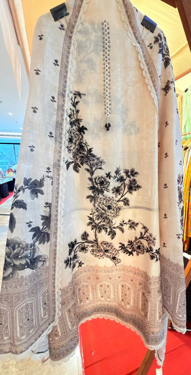 Pure Cotton Linen Unstitched suit with beautiful Handwork detailing on the shirt and Duppatta