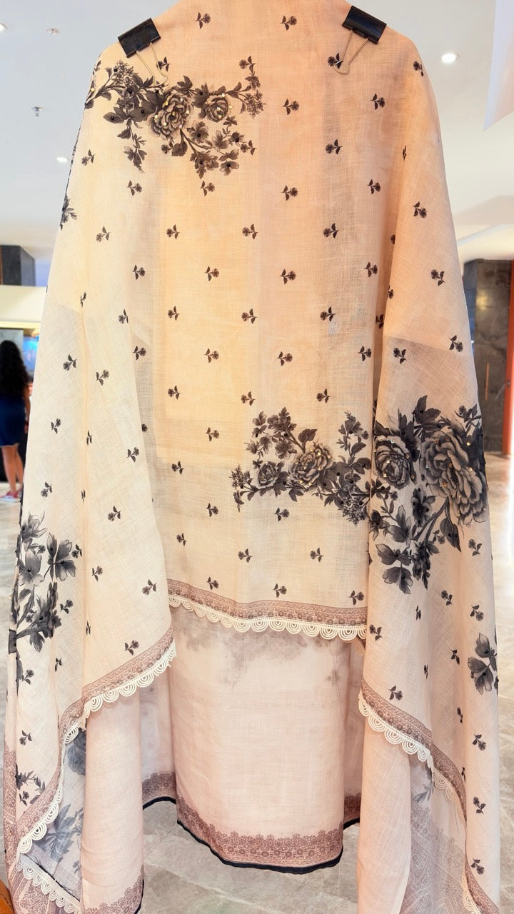 Pure Cotton Linen Unstitched suit with beautiful Handwork detailing on the shirt and Duppatta