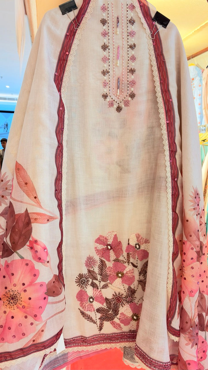 Pure Cotton Linen Unstitched suit with Beautiful Handwork detailing