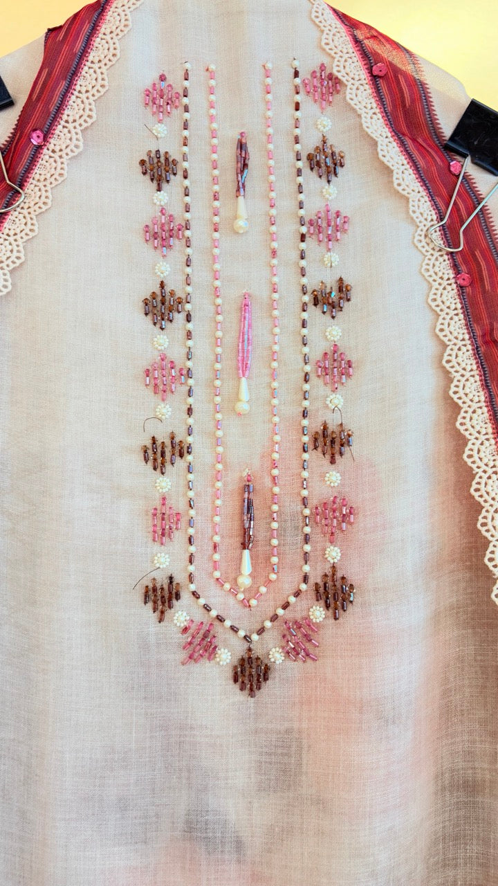 Pure Cotton Linen Unstitched suit with Beautiful Handwork detailing