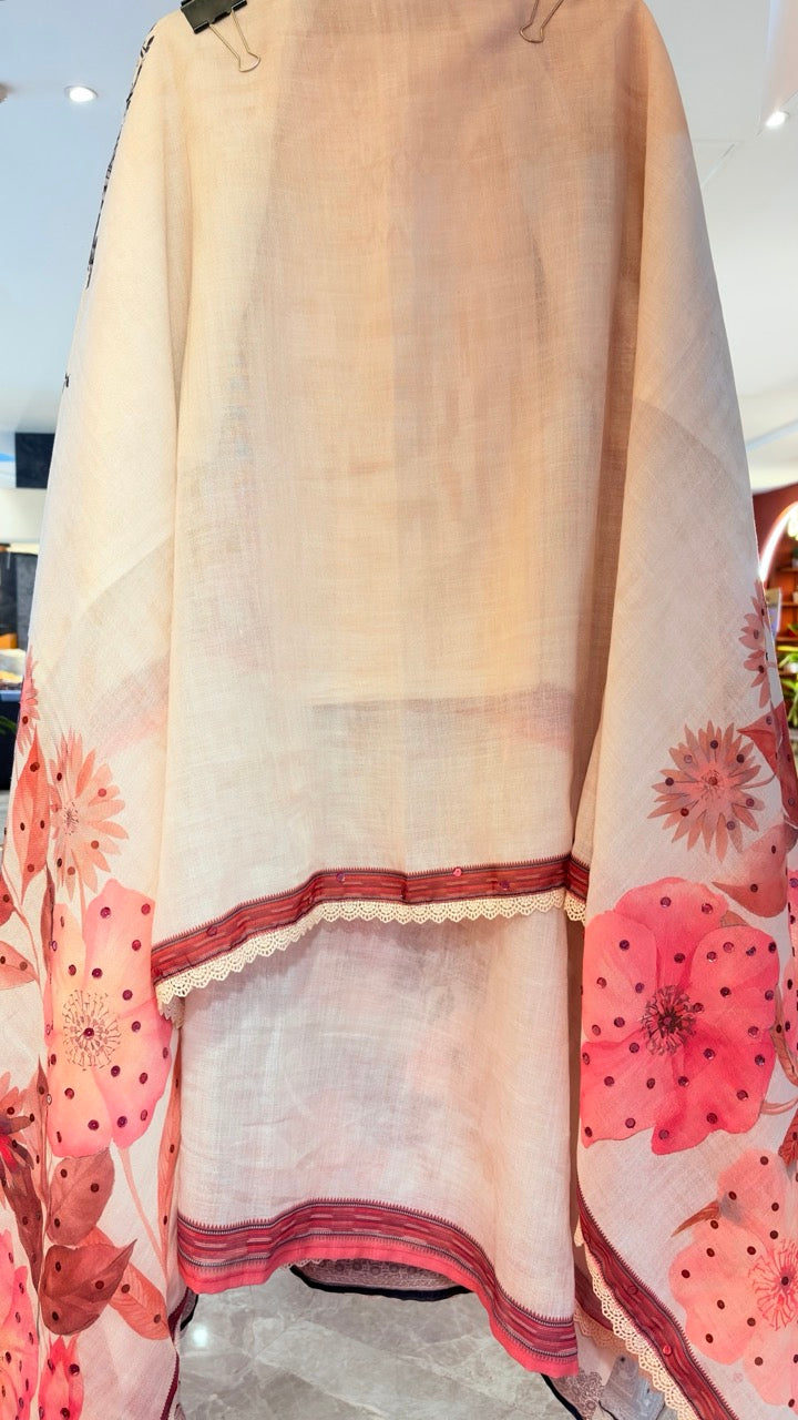 Pure Cotton Linen Unstitched suit with Beautiful Handwork detailing