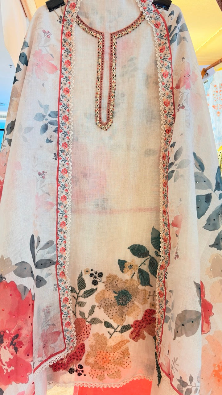 Pure Cotton Linen Unstitched suit with Beautiful Handwork