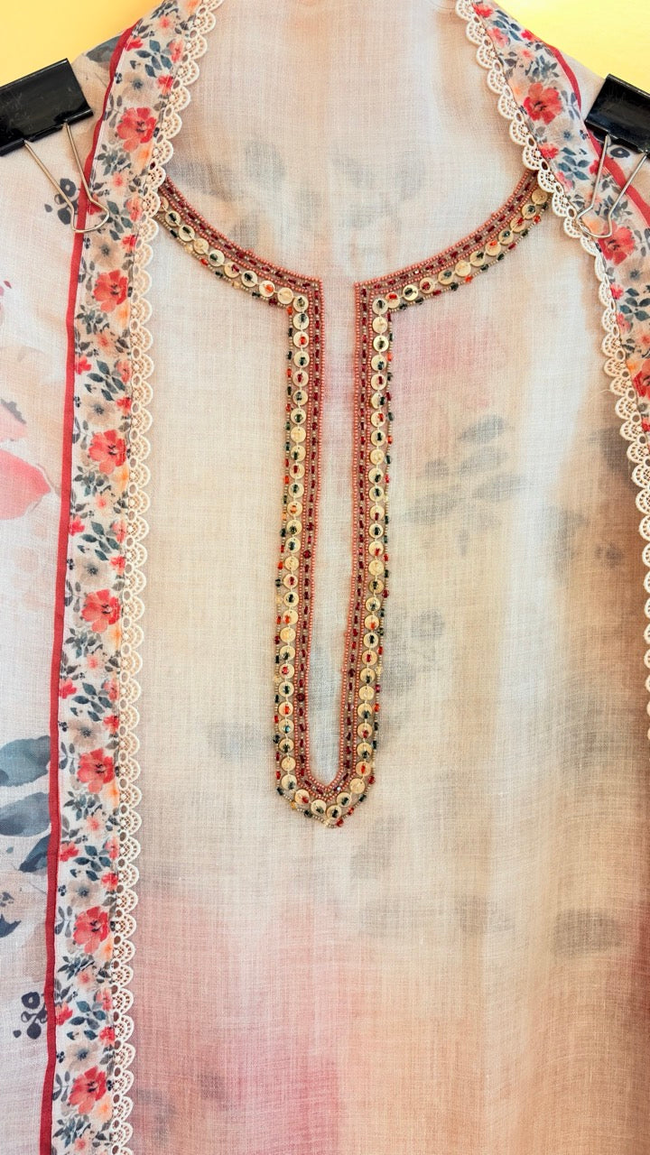 Pure Cotton Linen Unstitched suit with Beautiful Handwork