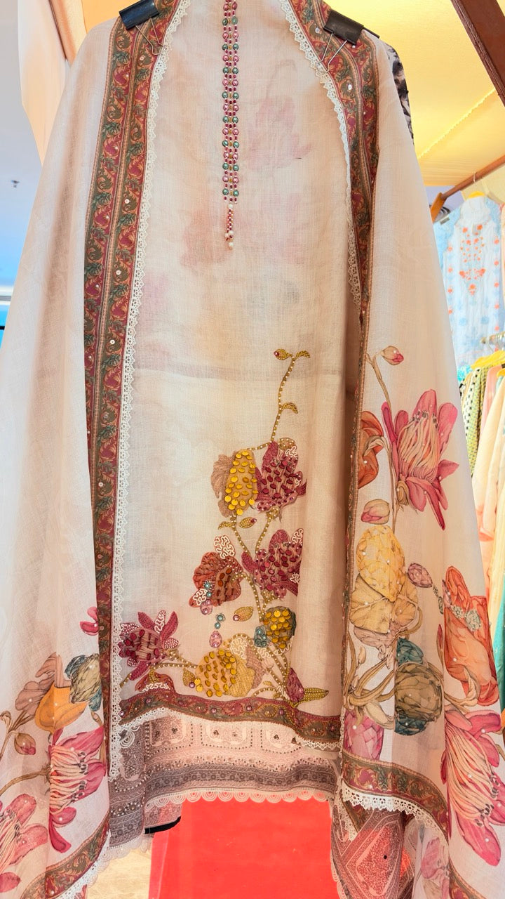 Pure Cotton Linen Unstitched suit with beautiful handwork detailing