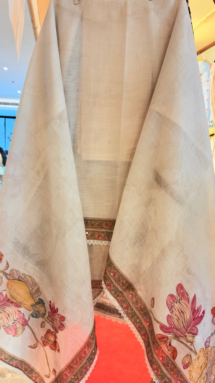 Pure Cotton Linen Unstitched suit with beautiful handwork detailing