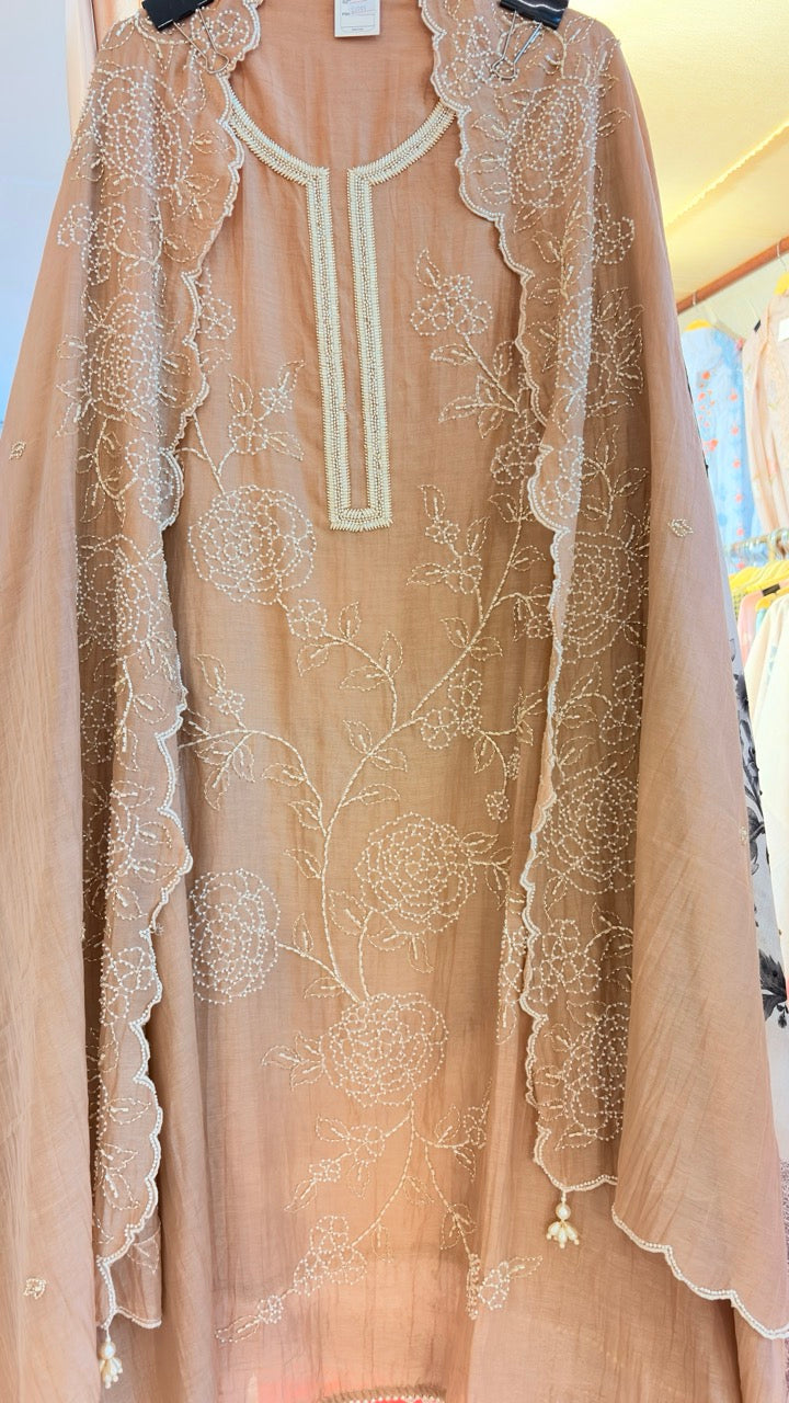 Beautiful Mul Chanderi Unstitched suit with Handwork detailing of Pearls