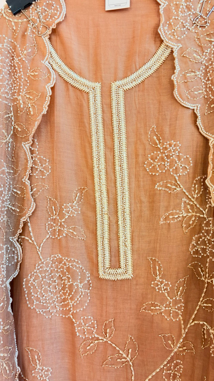 Beautiful Mul Chanderi Unstitched suit with Handwork detailing of Pearls