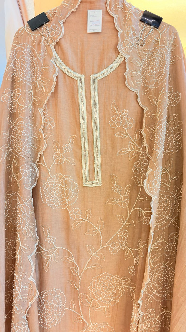 Beautiful Mul Chanderi Unstitched suit with Handwork detailing of Pearls