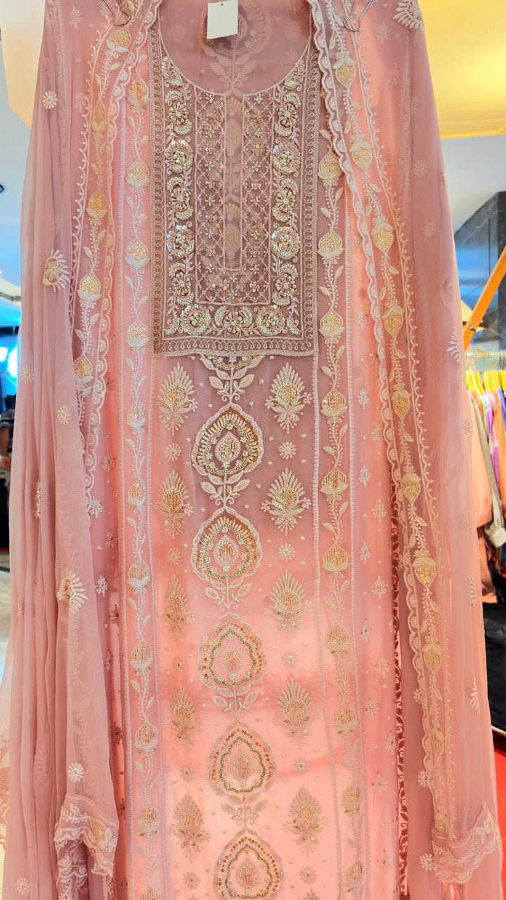 Premium Georgette Unstitched suit with Thread embroidery highlighted with Pearls and sequins detailings