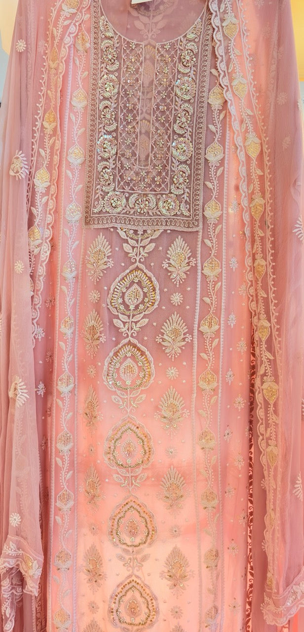 Premium Georgette Unstitched suit with Thread embroidery highlighted with Pearls and sequins detailings