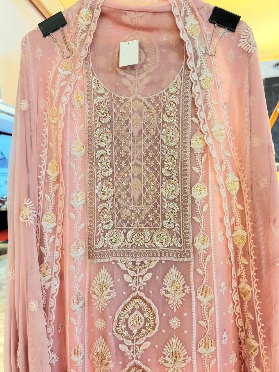 Premium Georgette Unstitched suit with Thread embroidery highlighted with Pearls and sequins detailings