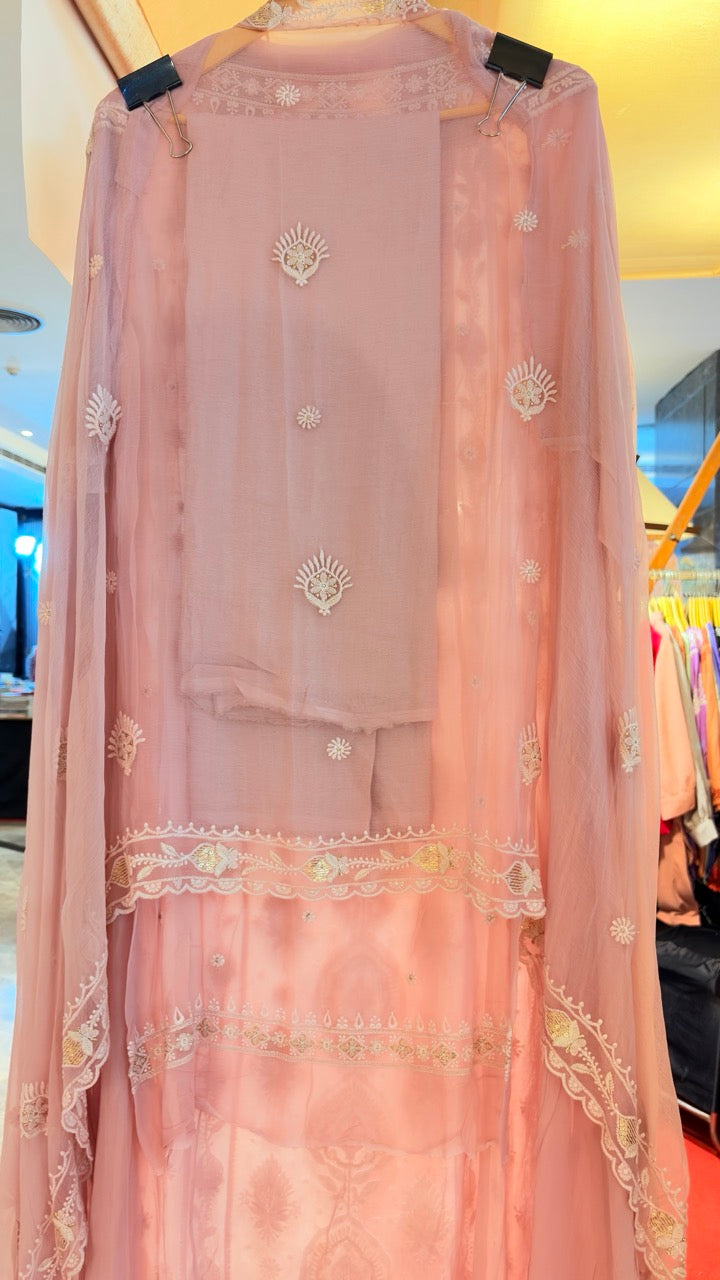 Premium Georgette Unstitched suit with Thread embroidery highlighted with Pearls and sequins detailings