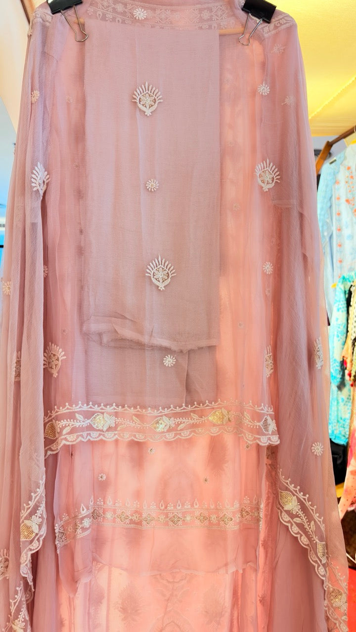 Premium Georgette Unstitched suit with Thread embroidery highlighted with Pearls and sequins detailings