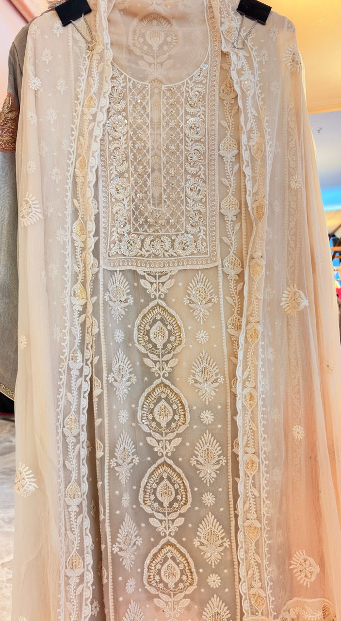 Premium Georgette Unstitched Suit with thread embroidery highlighted with Pearls and sequins