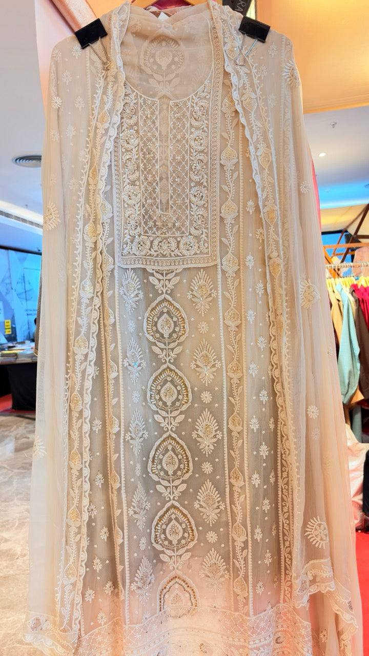 Premium Georgette Unstitched Suit with thread embroidery highlighted with Pearls and sequins