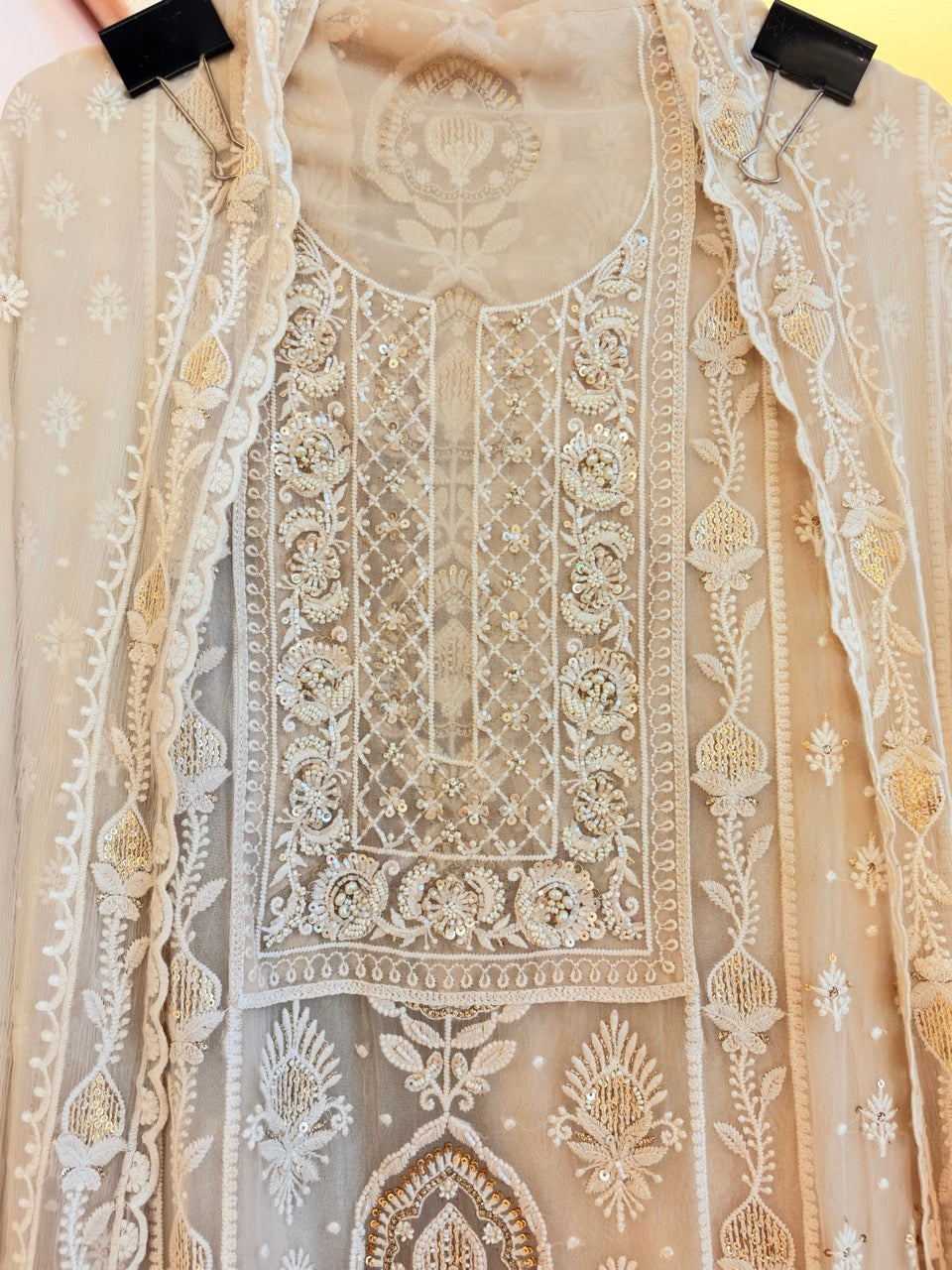 Premium Georgette Unstitched Suit with thread embroidery highlighted with Pearls and sequins