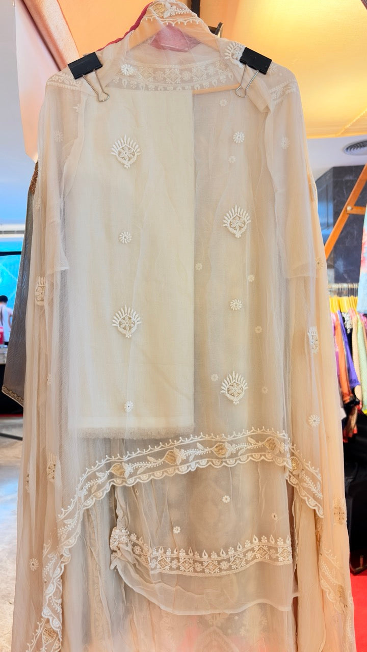 Premium Georgette Unstitched Suit with thread embroidery highlighted with Pearls and sequins