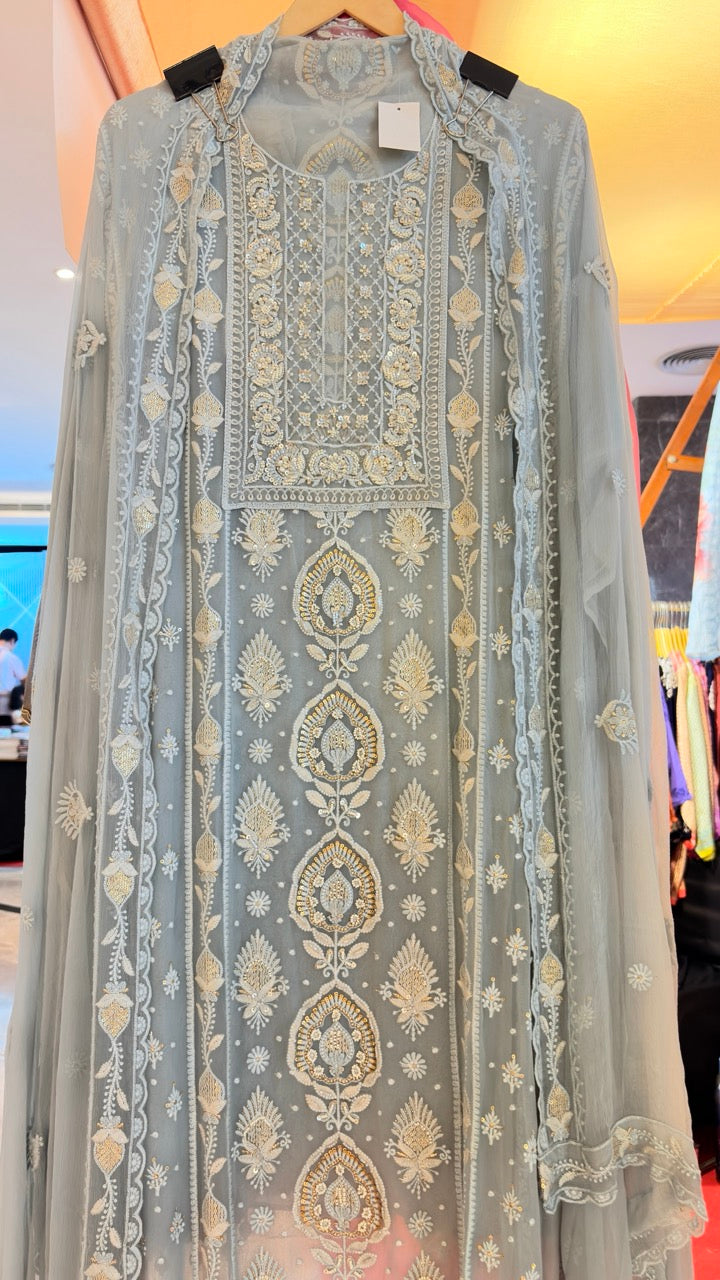 Premium Georgette Unstitched suit with Threadwork highlighted with Pearls and Sequins