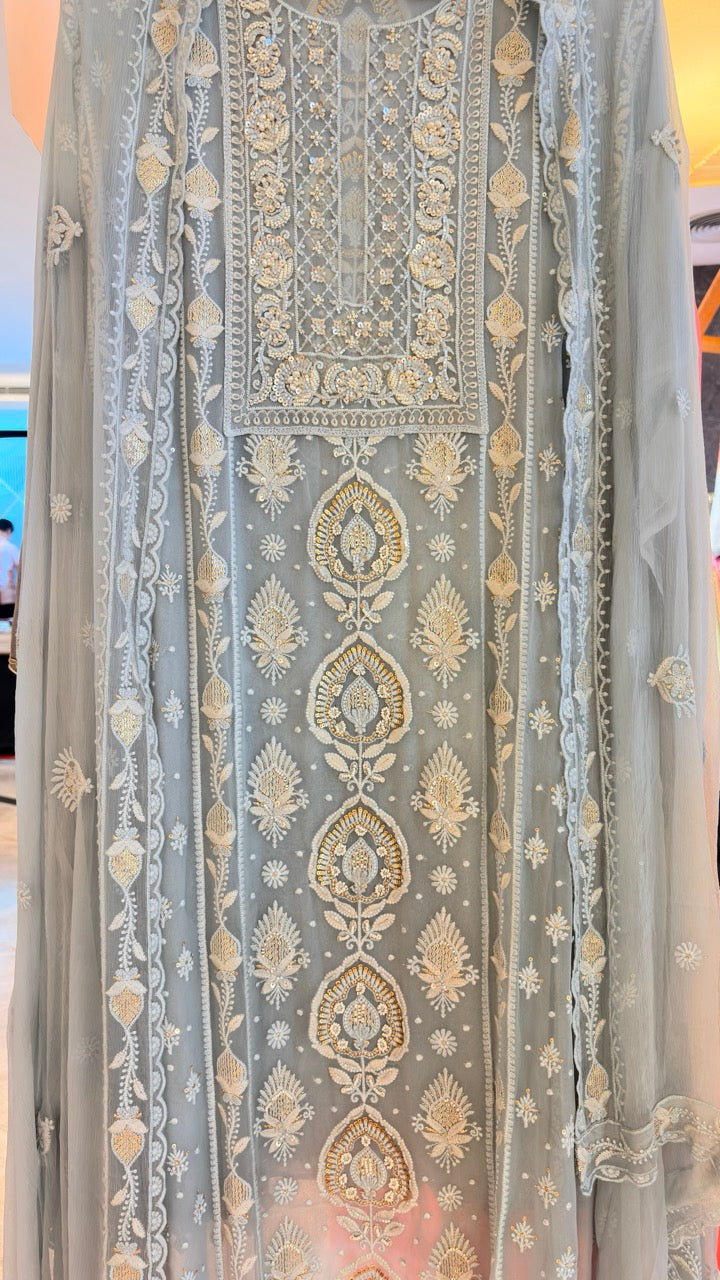 Premium Georgette Unstitched suit with Threadwork highlighted with Pearls and Sequins