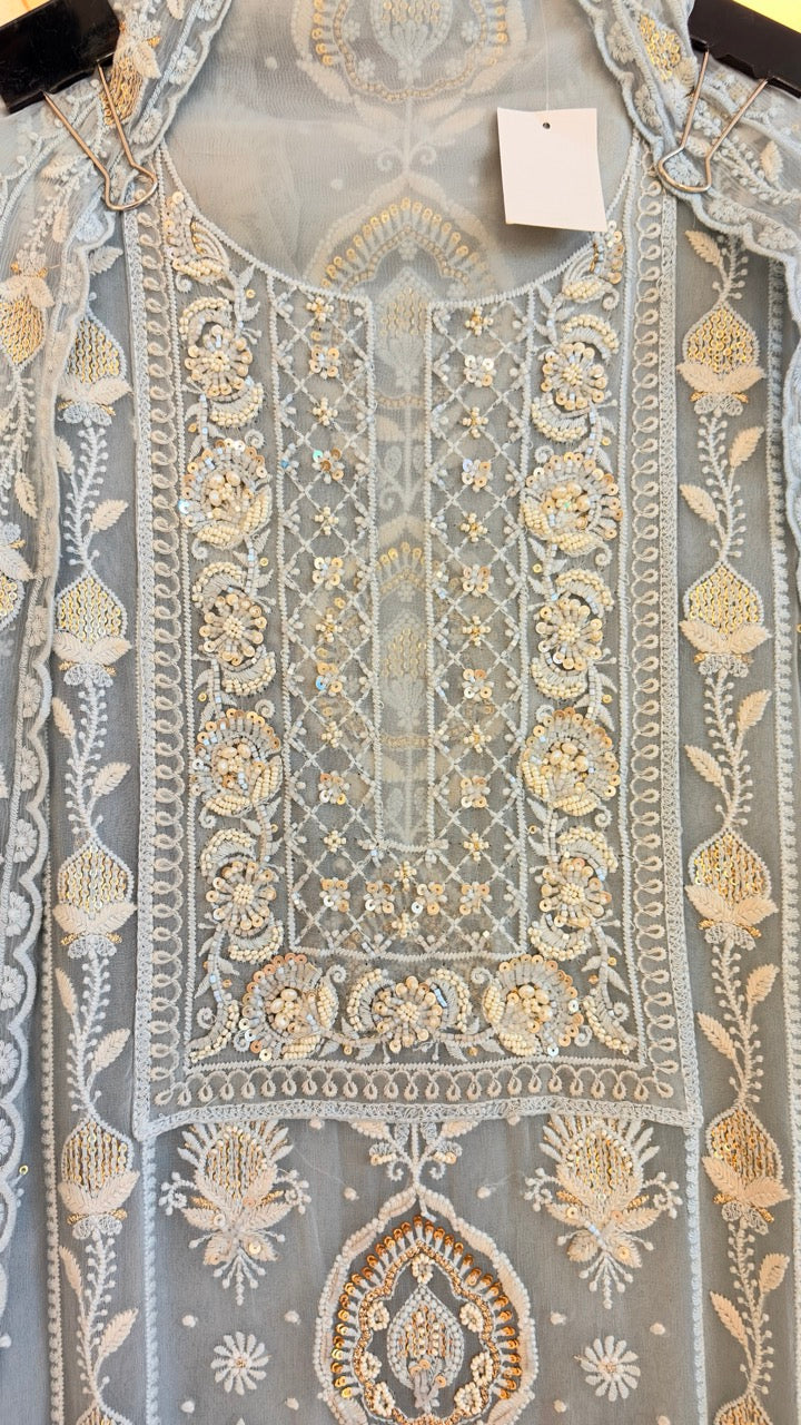 Premium Georgette Unstitched suit with Threadwork highlighted with Pearls and Sequins