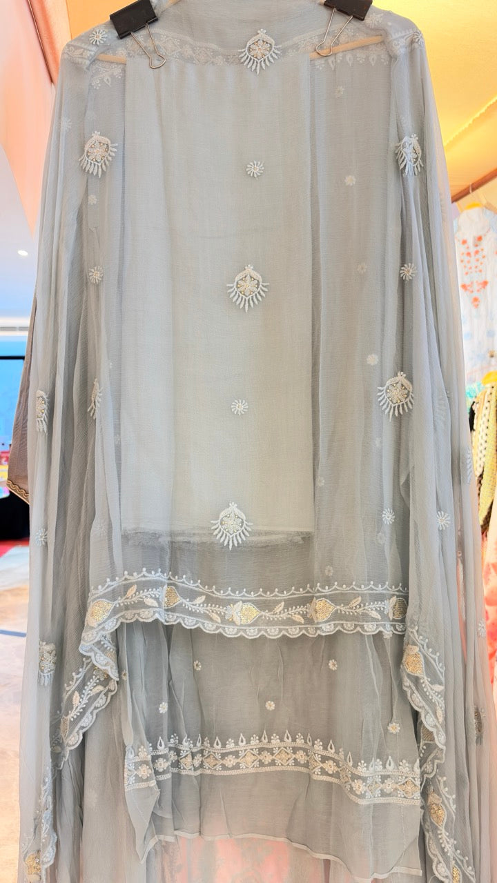 Premium Georgette Unstitched suit with Threadwork highlighted with Pearls and Sequins