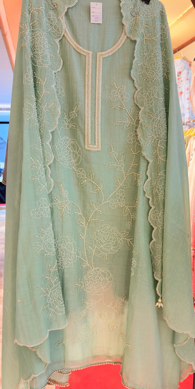 Beautiful Mul Chanderi Unstitched suit with Handwork detailing of Pearls