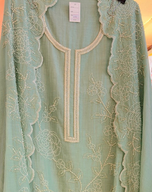Beautiful Mul Chanderi Unstitched suit with Handwork detailing of Pearls