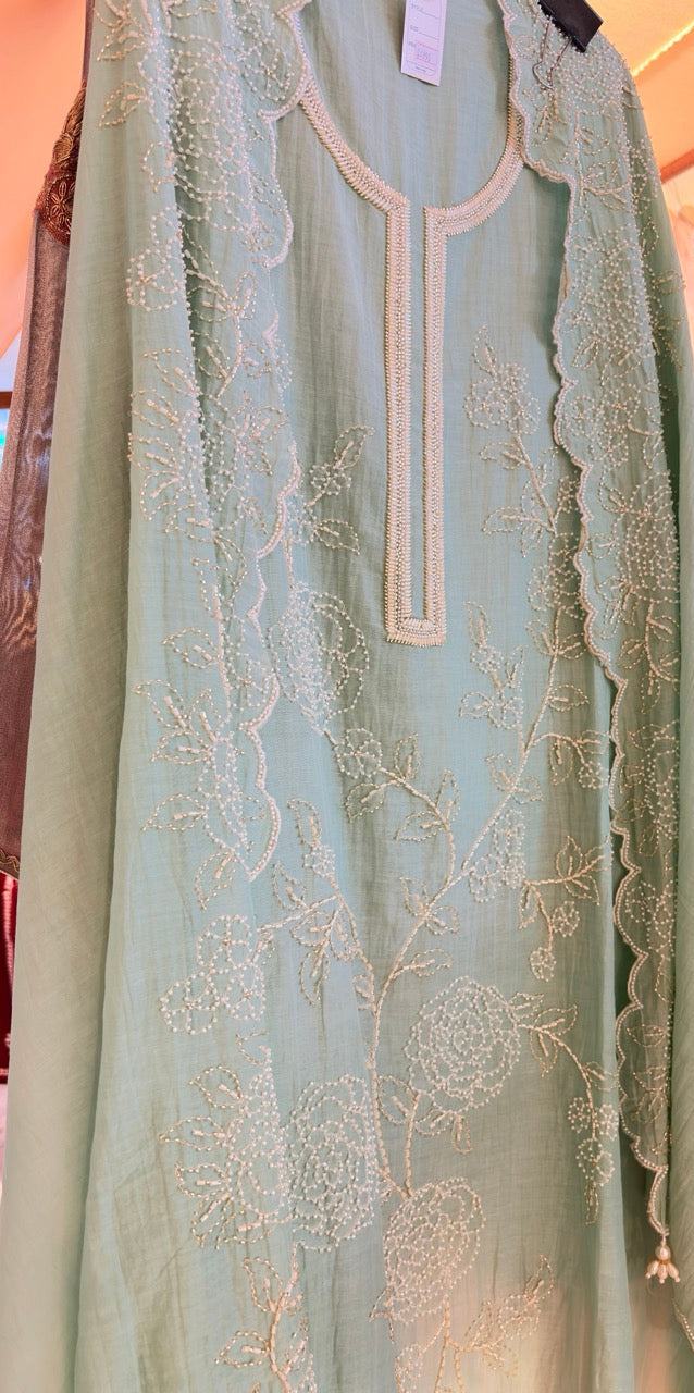 Beautiful Mul Chanderi Unstitched suit with Handwork detailing of Pearls
