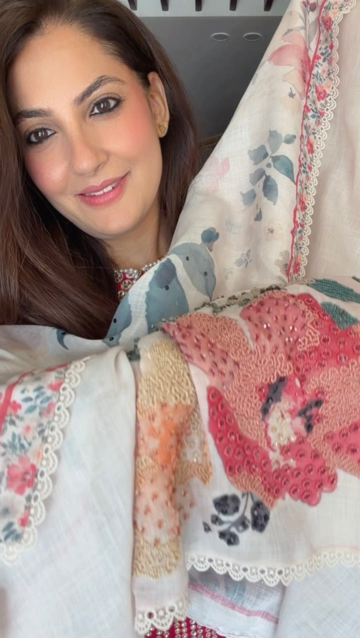 Pure Cotton Linen Unstitched suit with Beautiful Handwork