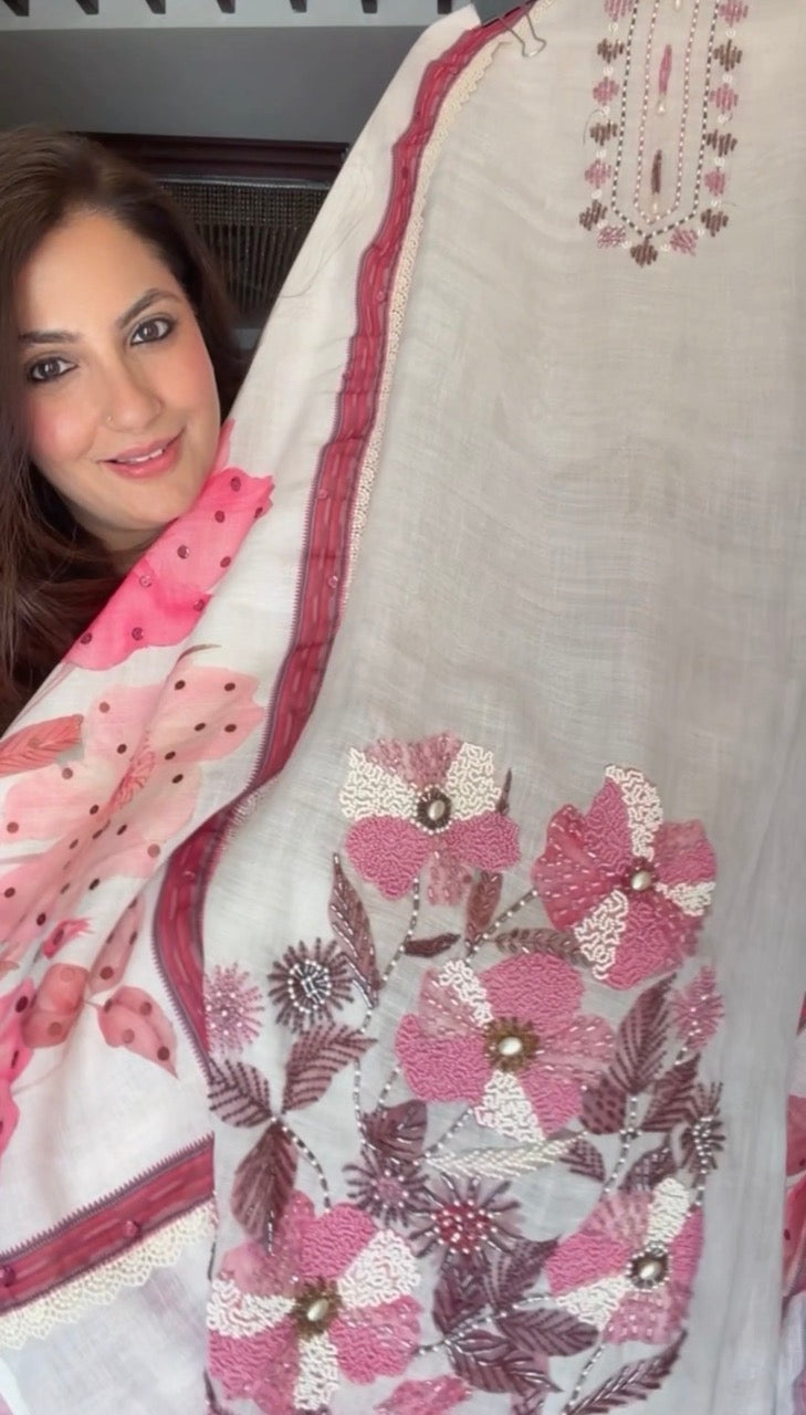 Pure Cotton Linen Unstitched suit with Beautiful Handwork detailing