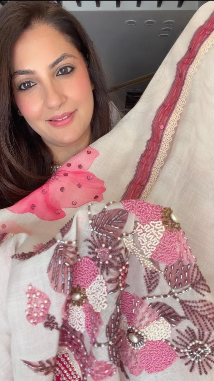 Pure Cotton Linen Unstitched suit with Beautiful Handwork detailing