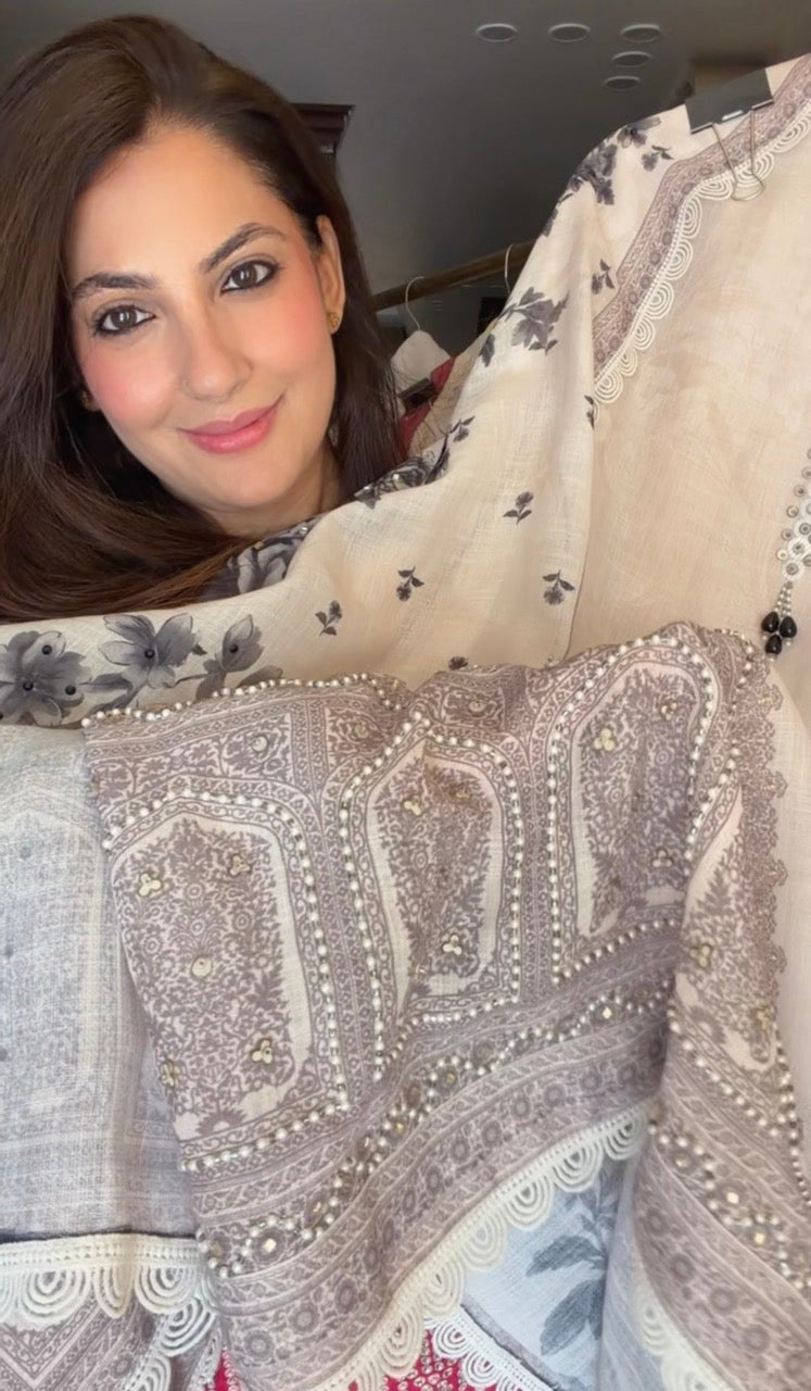 Pure Cotton Linen Unstitched suit with beautiful Handwork detailing on the shirt and Duppatta