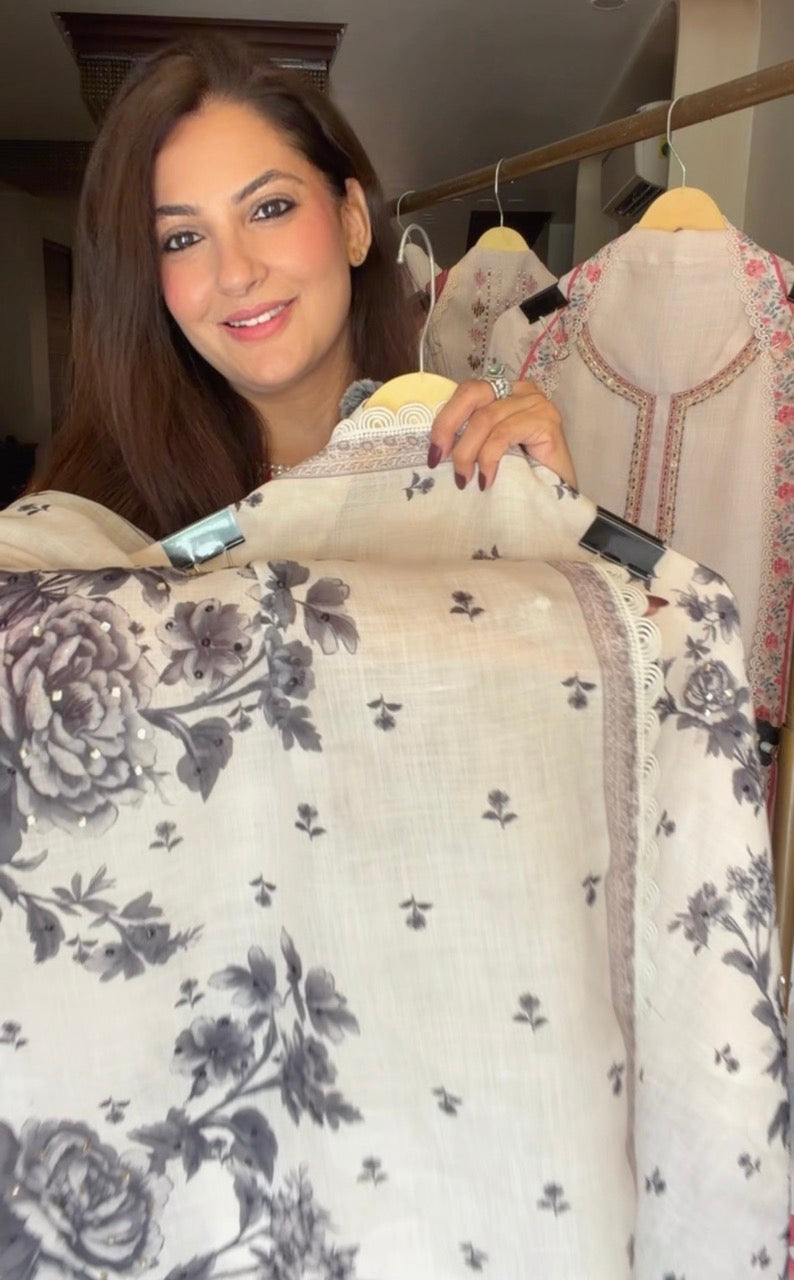 Pure Cotton Linen Unstitched suit with beautiful Handwork detailing on the shirt and Duppatta
