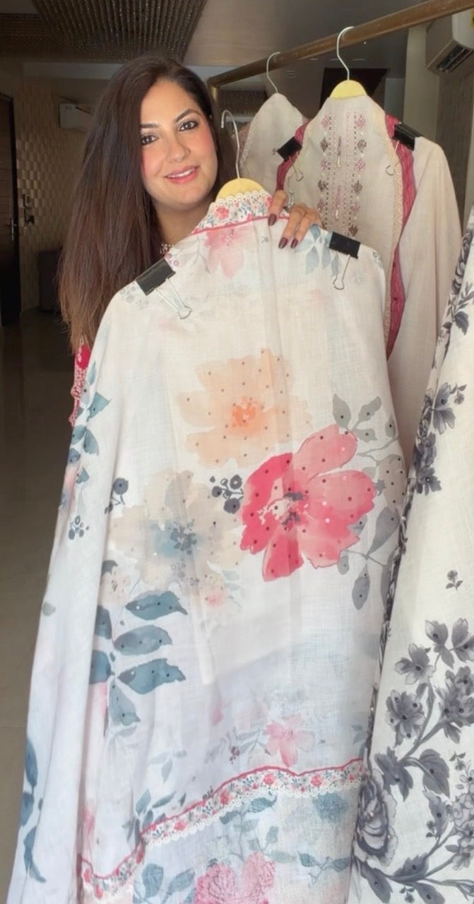 Pure Cotton Linen Unstitched suit with Beautiful Handwork