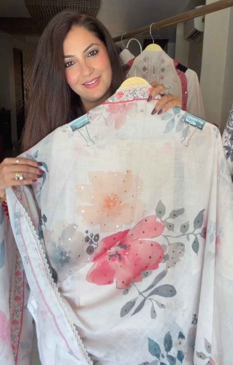 Pure Cotton Linen Unstitched suit with Beautiful Handwork