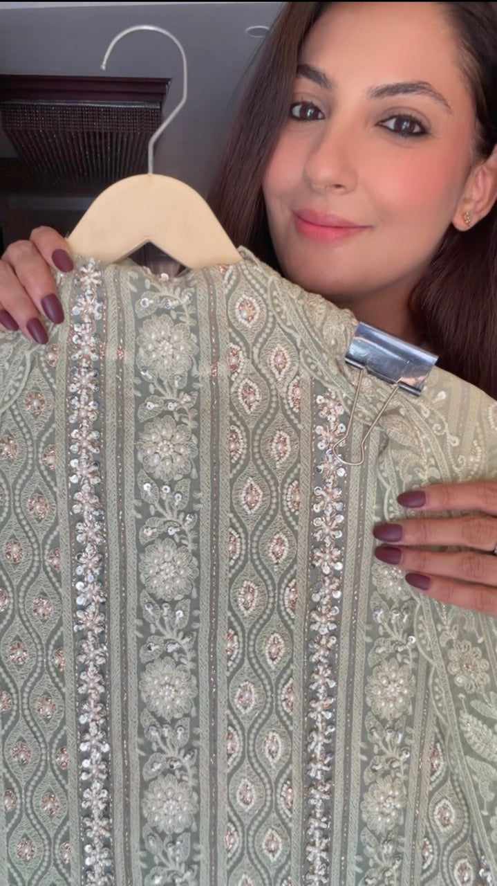 Premium Georgette Unstitched suit heavily embellished with pearls and sequins