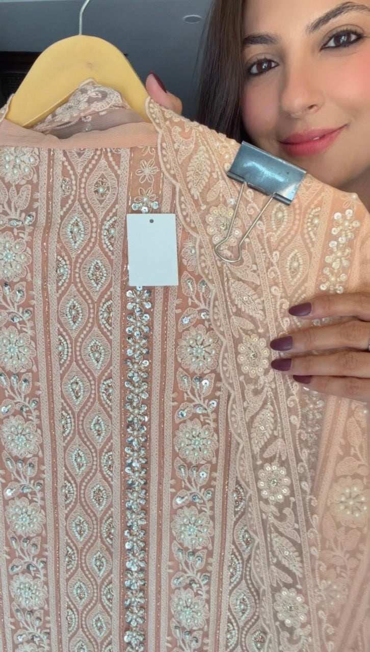 Premium Georgette Unstitched Suit with Pearl and Sequins Detailing
