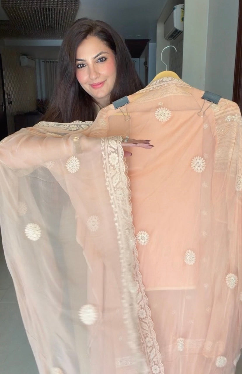 Premium Georgette Unstitched Suit with Pearl and Sequins Detailing